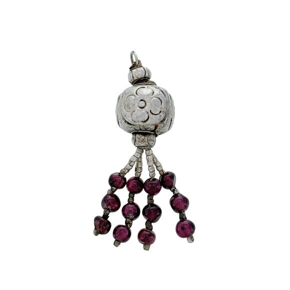 Vintage Silver Tone Garnet Beaded Tassel Pendant - Picture 1 of 5